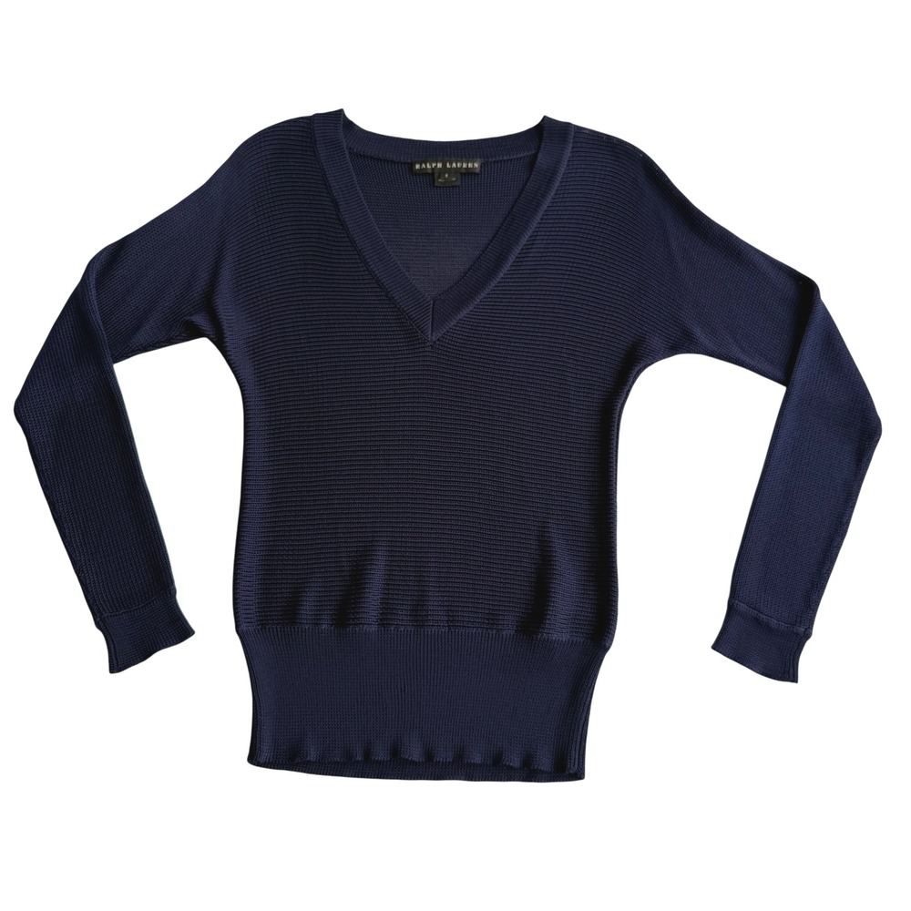 Ralph Lauren Black Label 100% Silk Deep V Neck Navy Pullover Sweater S